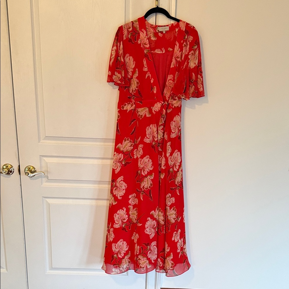 Floral Red Wrap Maxi Dress with V-Neck